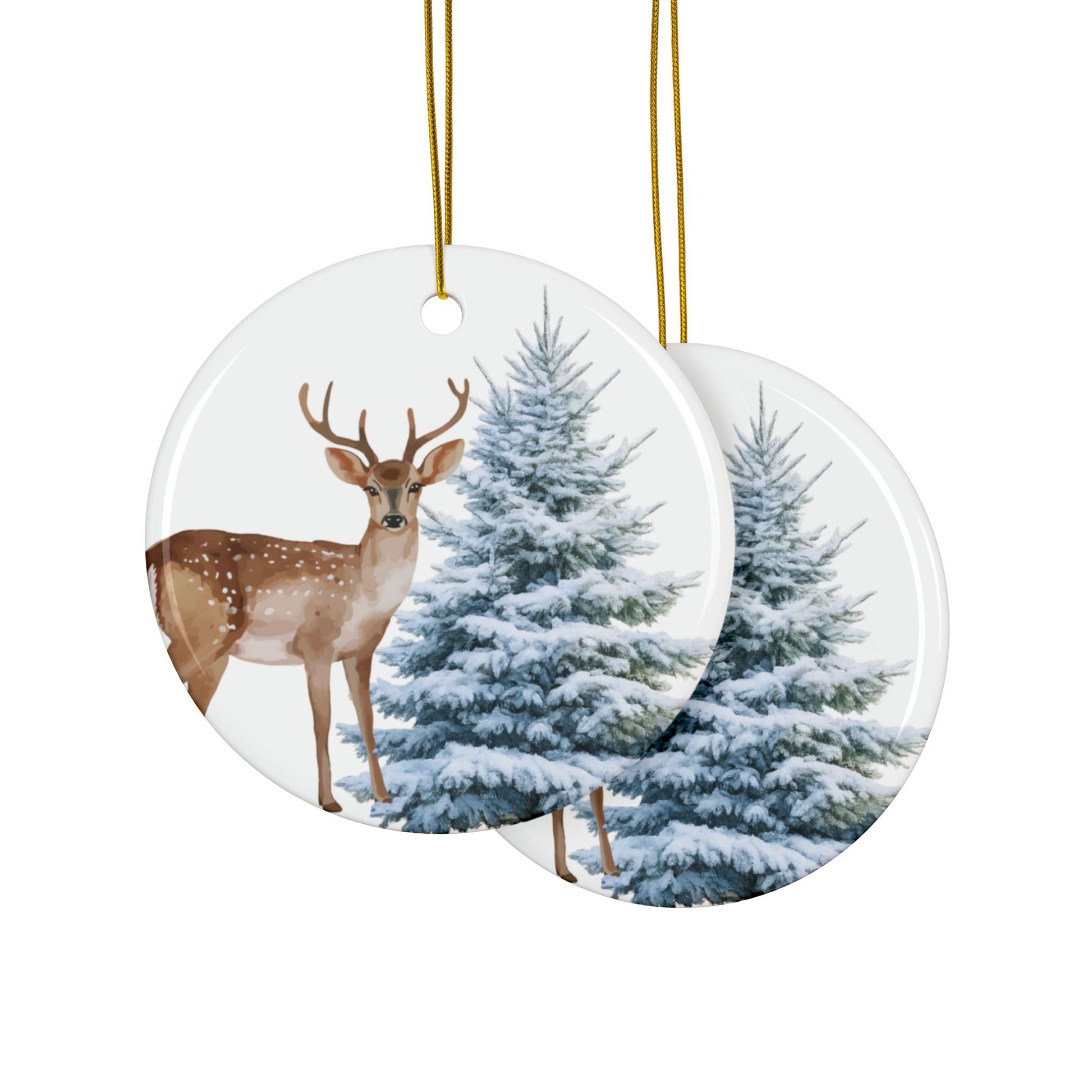 Ceramic Ornament – Deer & Snowy Pine