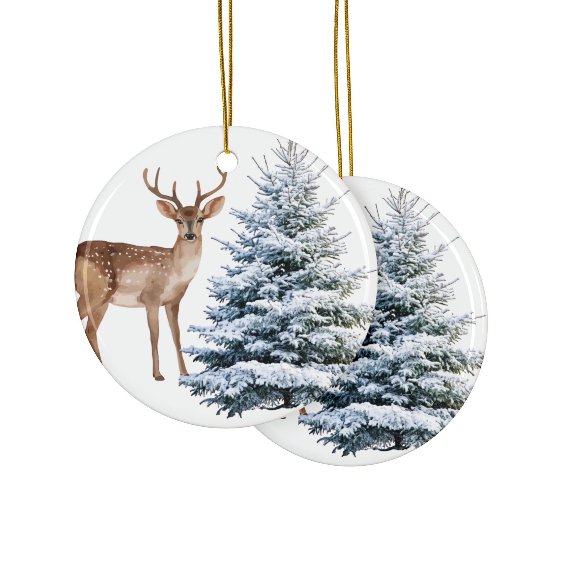 Ceramic Ornament – Deer & Snowy Pine