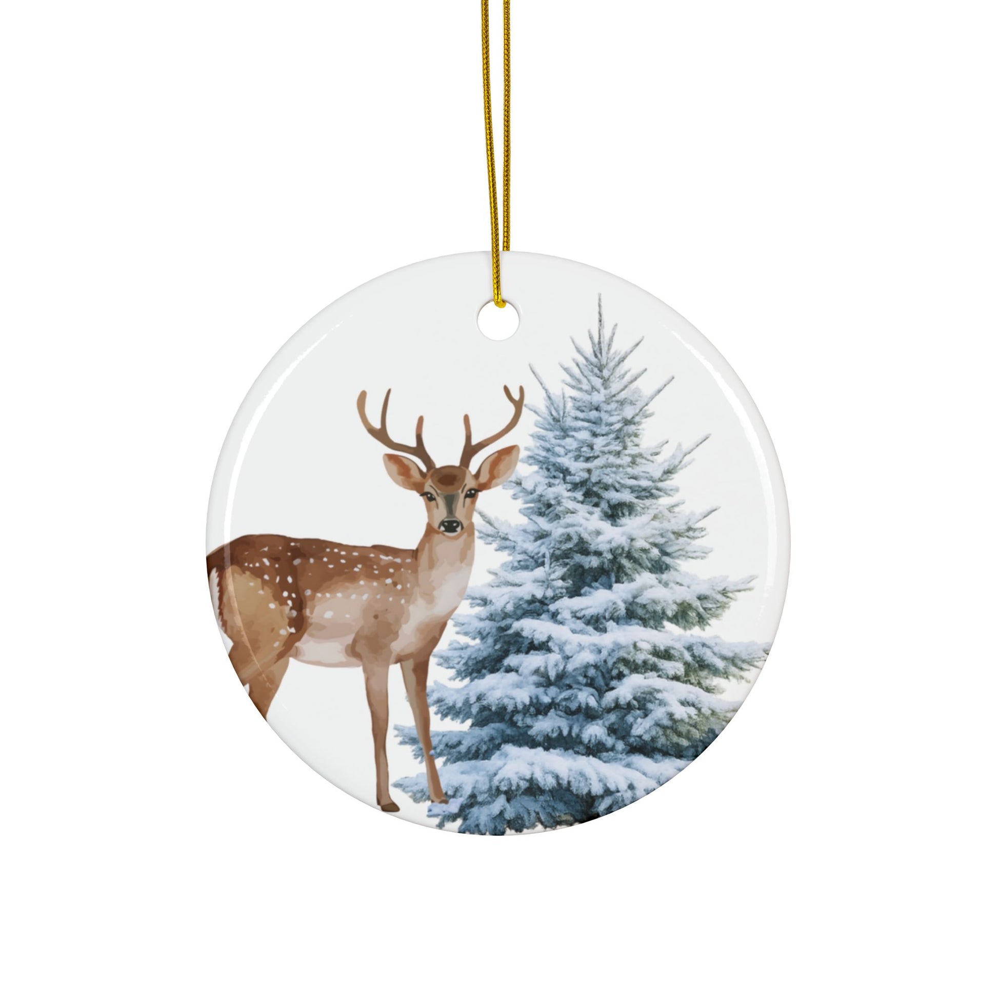 Ceramic Ornament – Deer & Snowy Pine