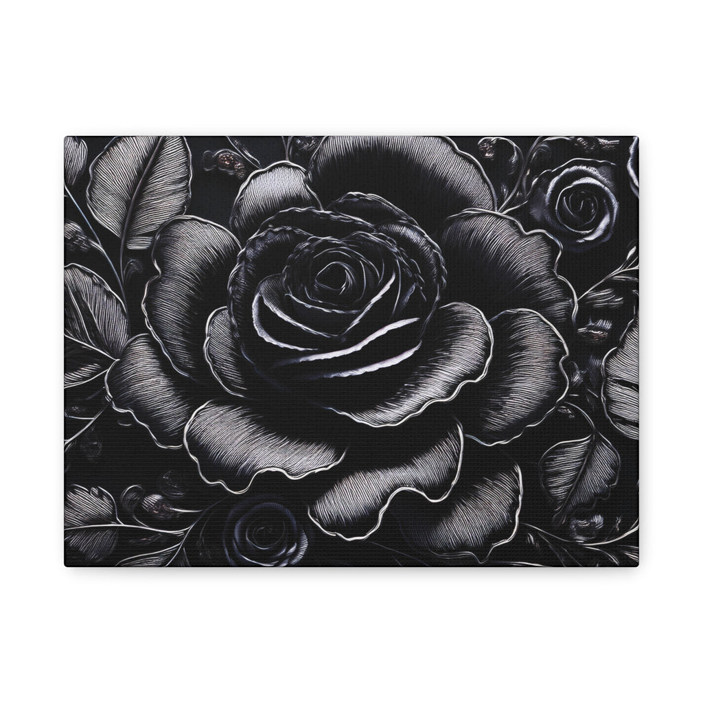 Black and white floral design with roses on a white background