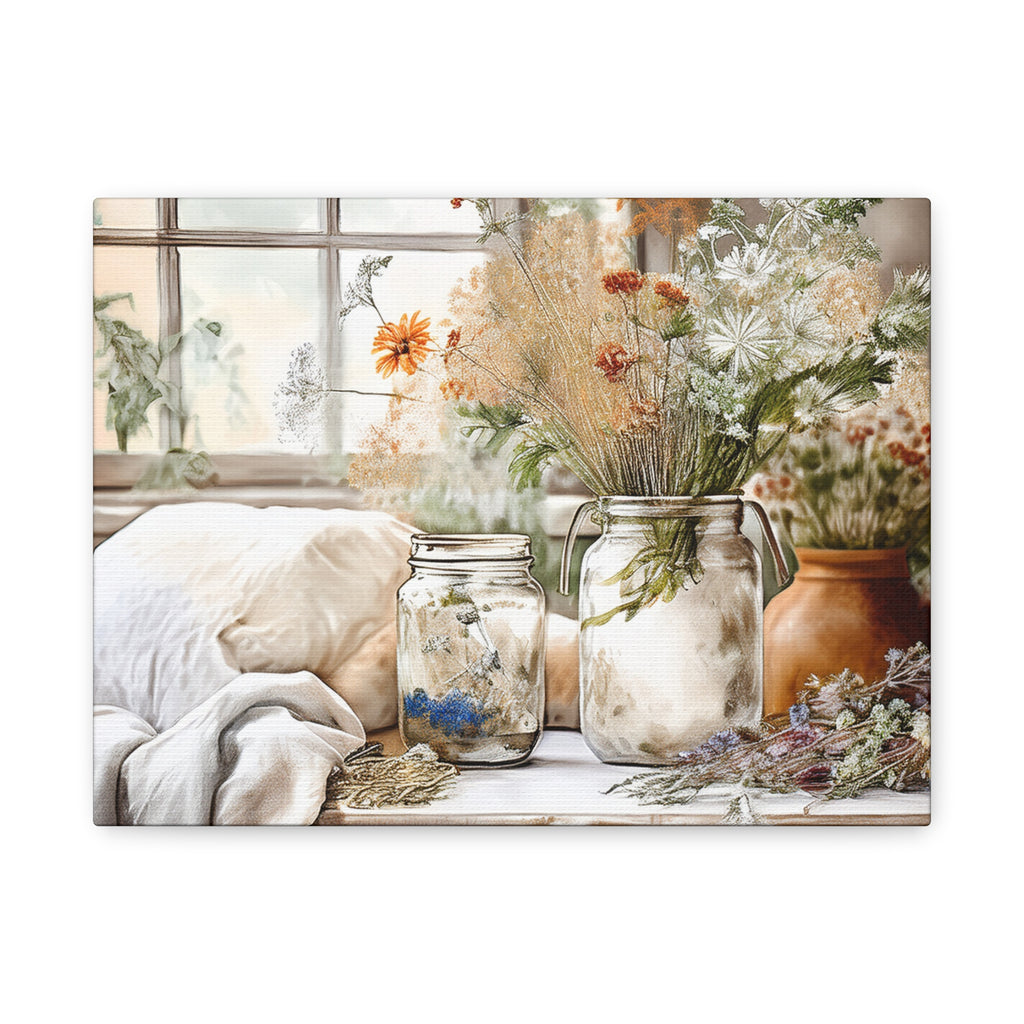 Decorative scene with jars, flowers, and a blanket on a table.