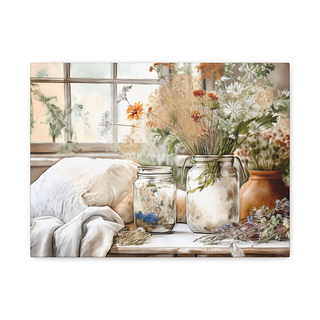 Decorative still life with jars, flowers, and a blanket on a table.