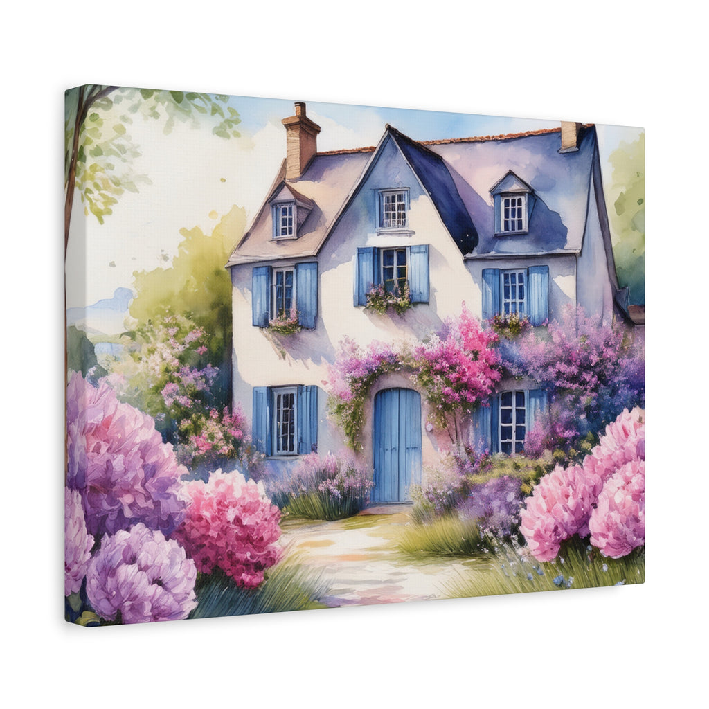 Painting of a quaint house with blue shutters and pink flowers