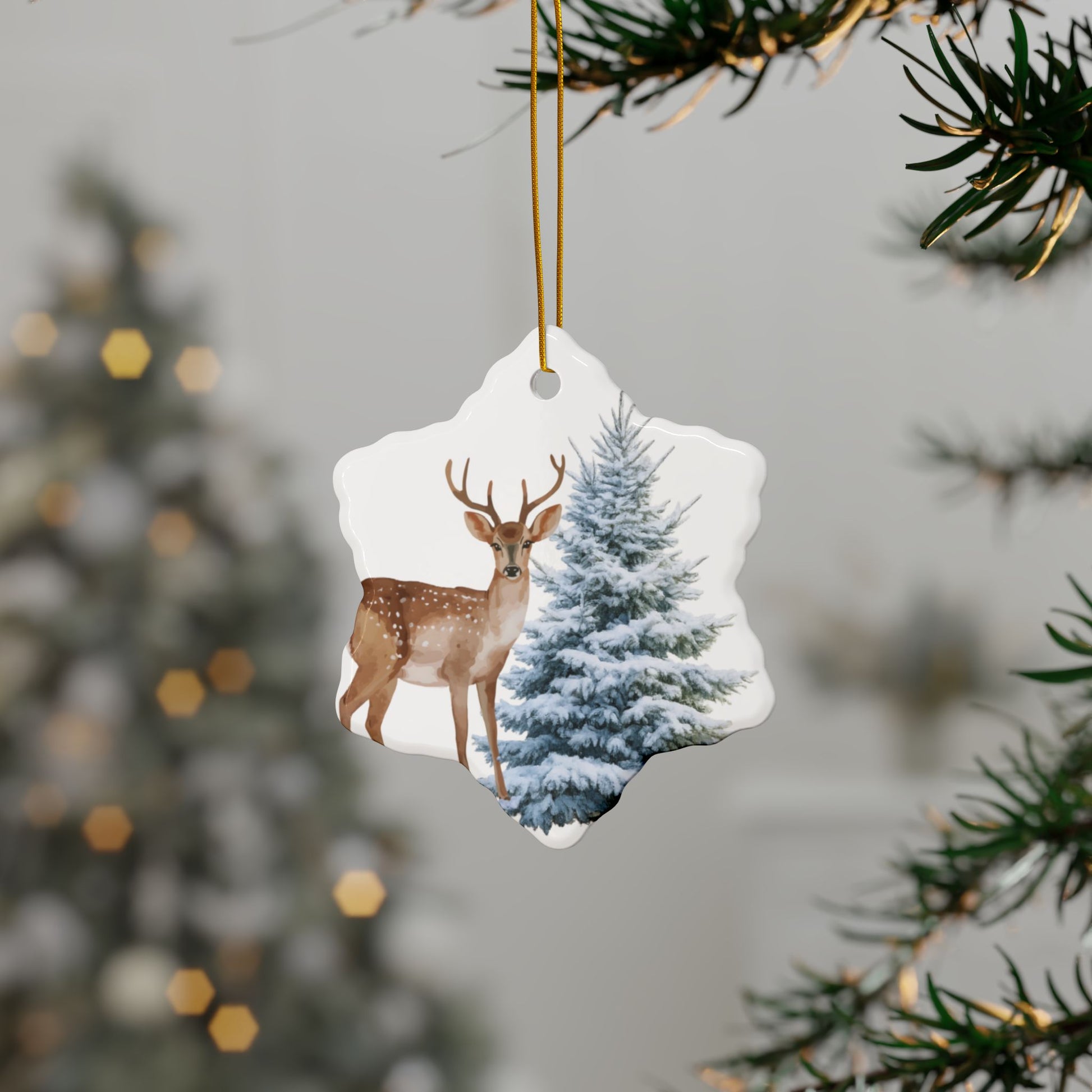 Ceramic Ornament – Deer & Snowy Pine