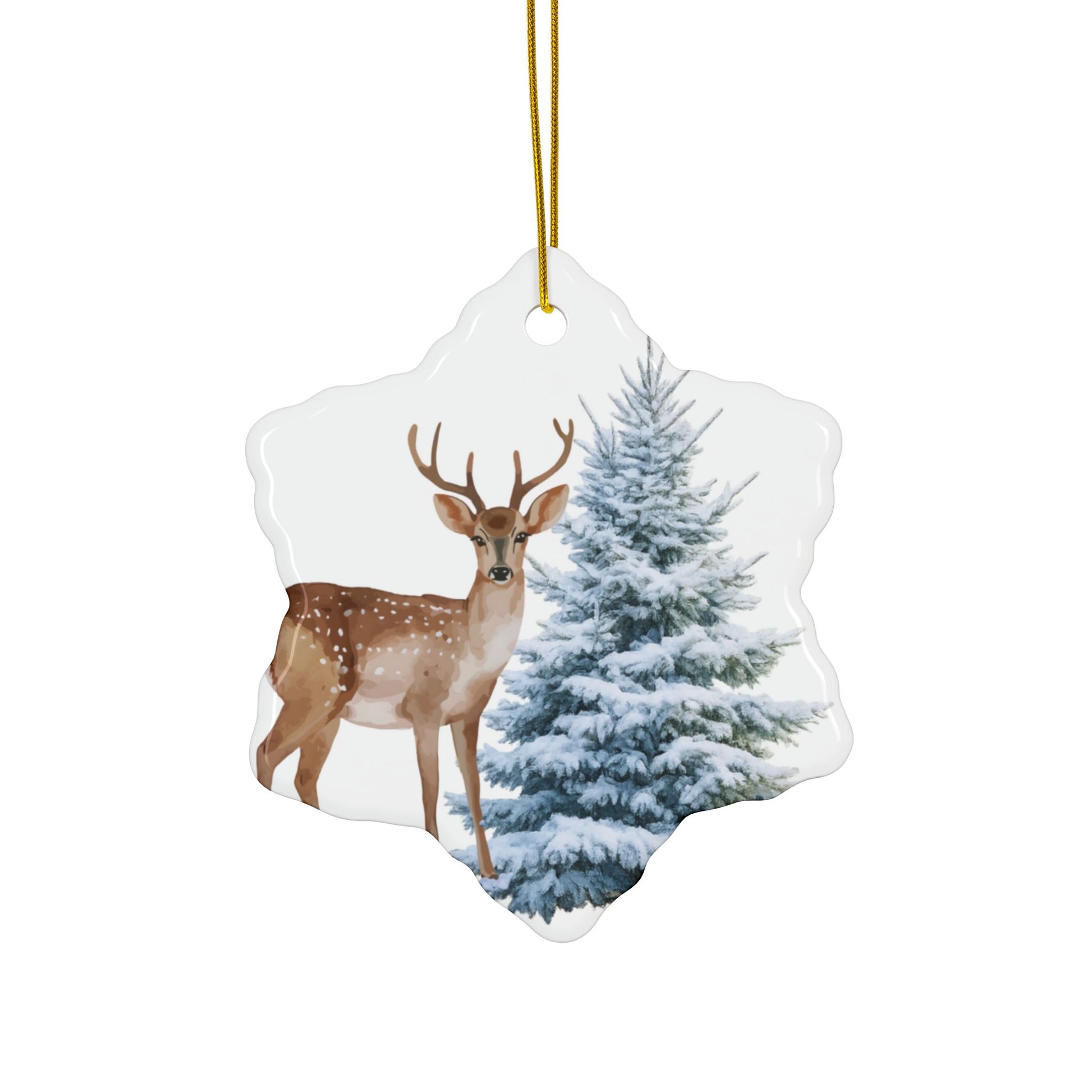 Ceramic Ornament – Deer & Snowy Pine